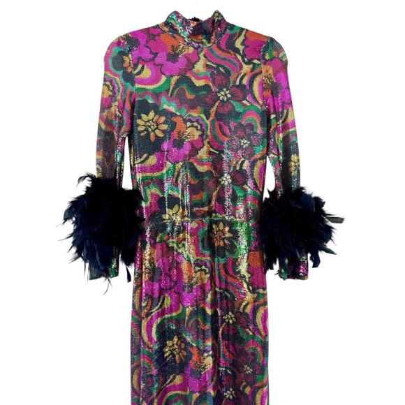 JENNIFER GRACE Catroux Sequin Feather Long Dress In Hysteria SAMPLE PIECE READ - Picture 3 of 9